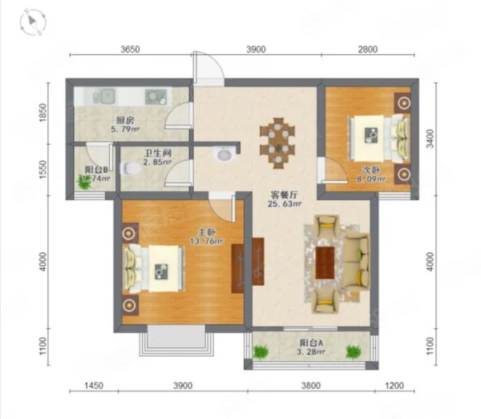 星胜客(北区)2室2厅1卫84.89㎡南北146万