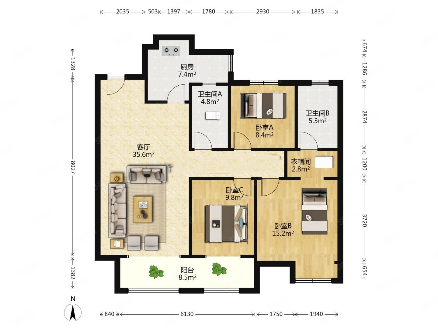 拉菲公馆3室2厅2卫134㎡南北110万