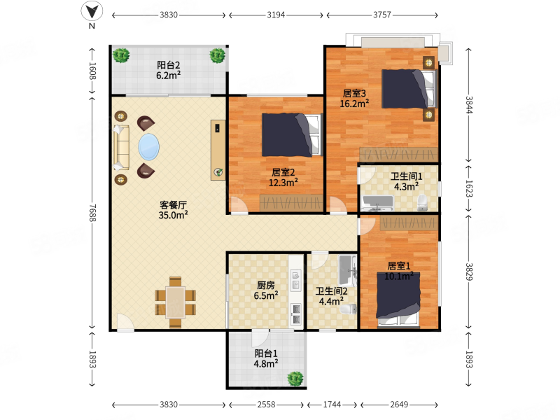 恒大绿洲(三期)3室2厅2卫119㎡南130万