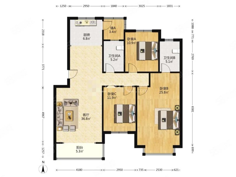 天赋林溪3室2厅2卫145.14㎡南北120万