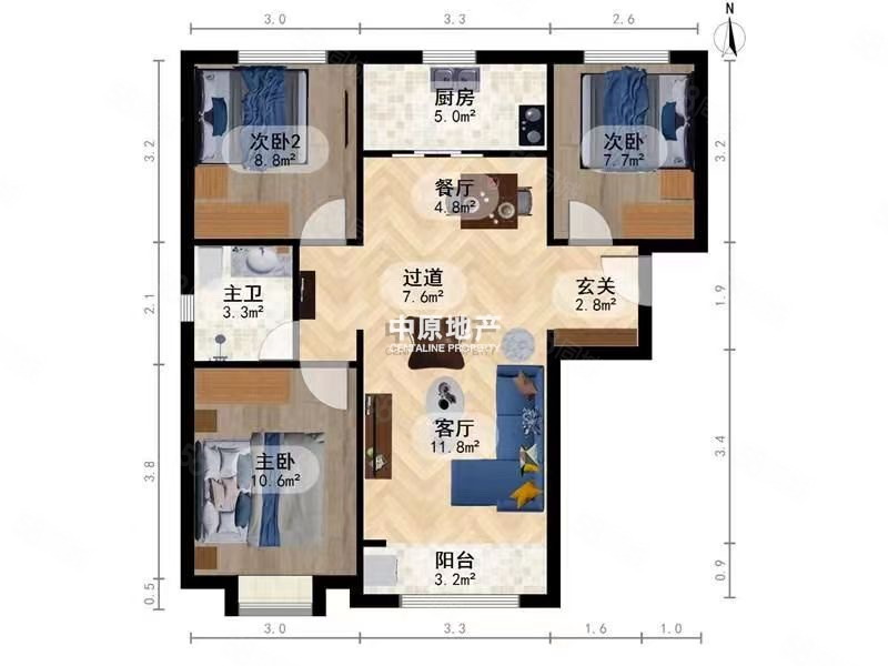 路劲太阳城皓林园一期3室2厅1卫97.44㎡南北225万