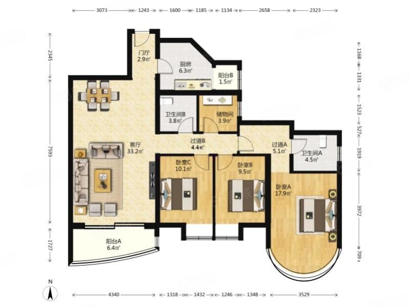 珠江绿洲家园3室2厅2卫153.32㎡南620万