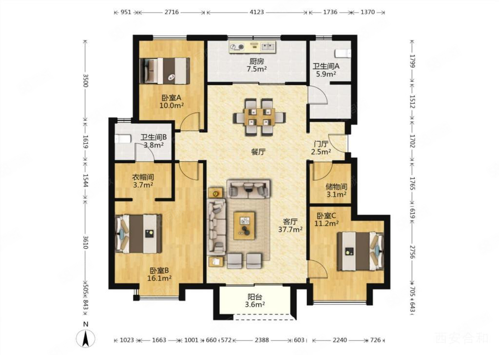 万科理想城3室2厅2卫130.77㎡南北200万