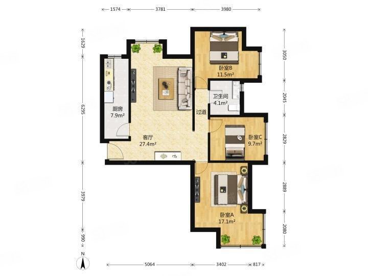 龙山华府3室2厅1卫99.34㎡南北368万