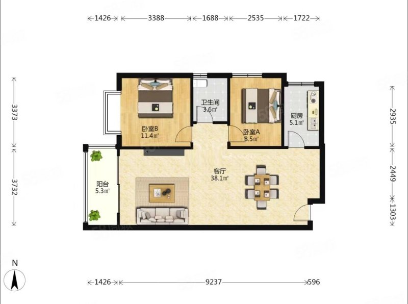 兴城融域2室2厅1卫86.21㎡南115万