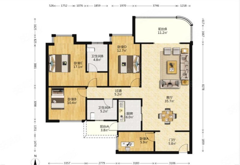 元益花园4室2厅2卫129.85㎡南北215万