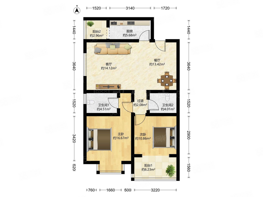 星河城冬季星空2室2廳2衛(wèi)105.79㎡西南599萬