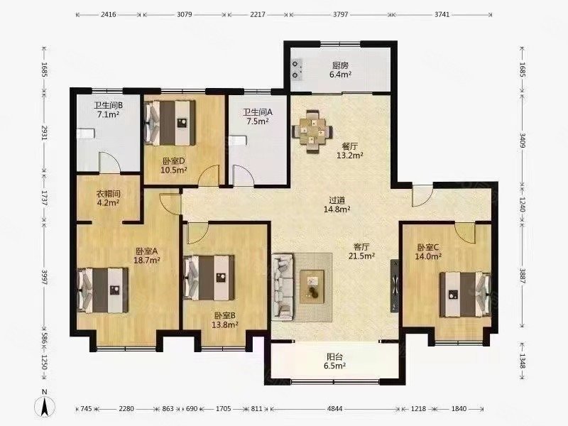 紫园2室2厅2卫74.05㎡南北130万