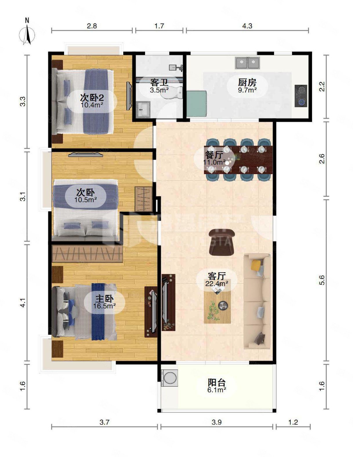 天泽园3室2厅1卫101.94㎡南北109万