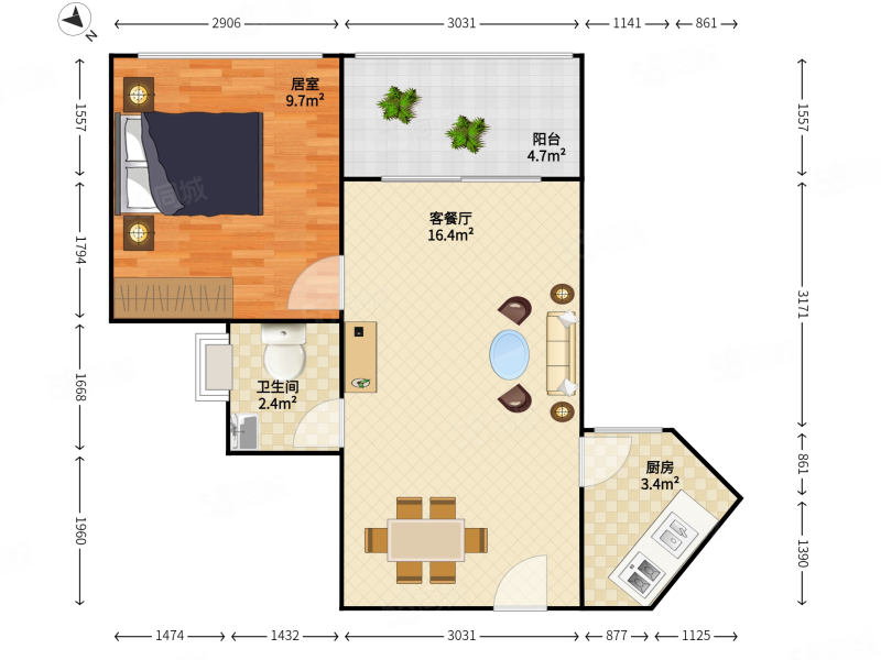 阳光花地苑1室2厅1卫39.96㎡南北399万