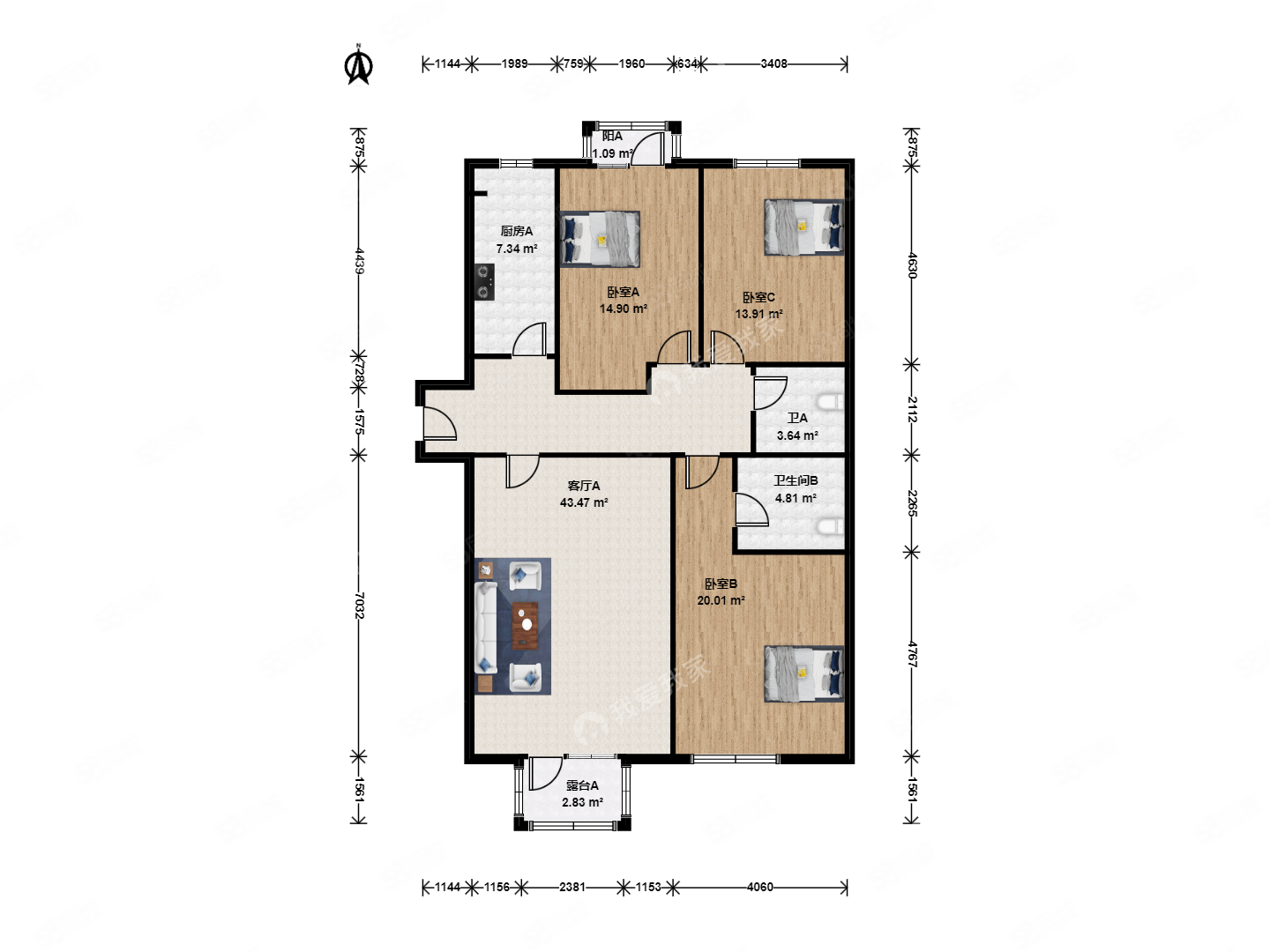 蘋果派3室1廳2衛(wèi)118.74㎡南北625萬
