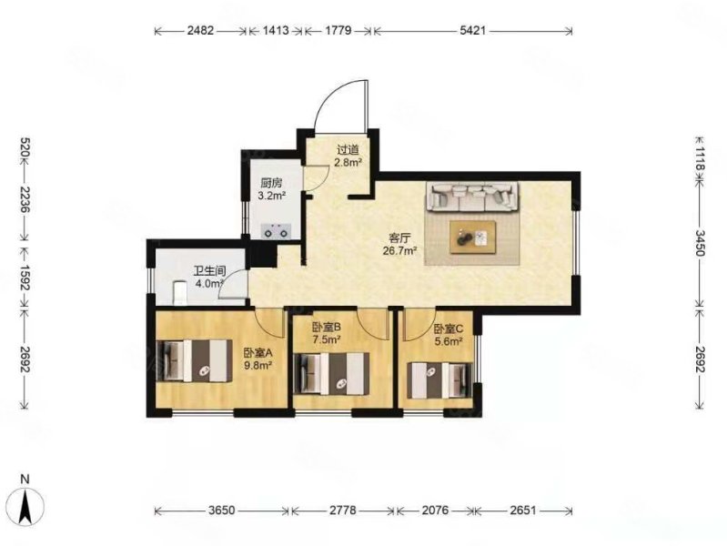 东北角艺术公寓3室1厅1卫107㎡南360万