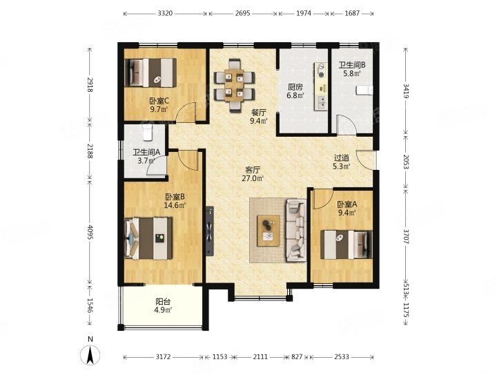 宝瑞阳光小区3室2厅2卫129㎡南北88.8万