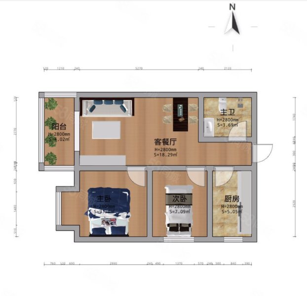 兴庆宫2室1厅1卫68.67㎡西南98万