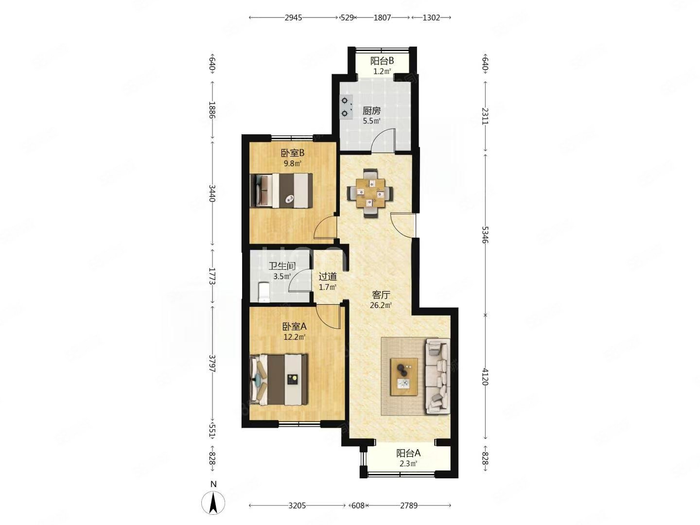 欣藝景園2室1廳1衛(wèi)88.81㎡南北390萬(wàn)