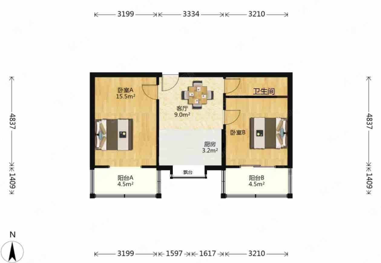 天大四季村2室1厅1卫62.91㎡南北206万