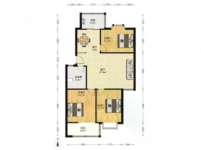 有色院家属院3室2厅2卫104.39㎡南北90万