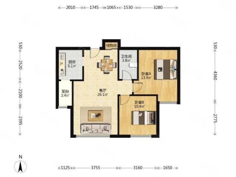 时代奥城2室2厅1卫89.92㎡南288万