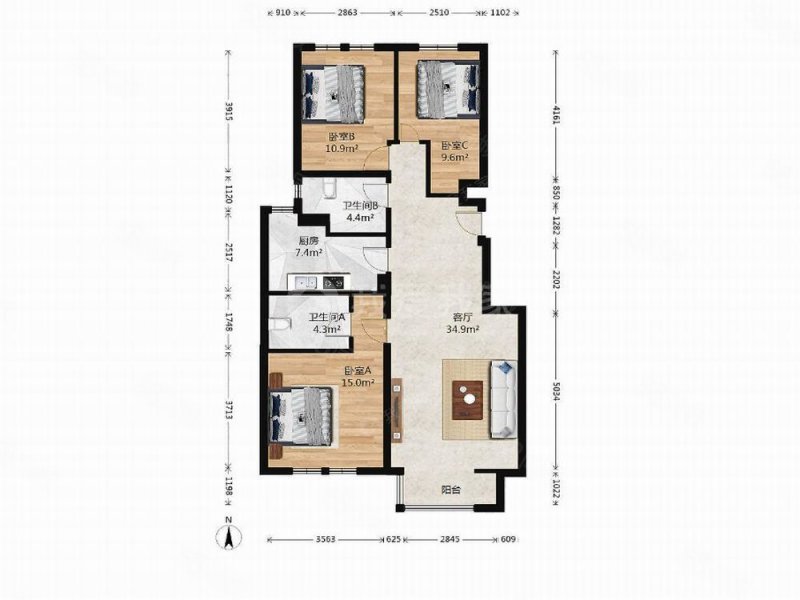 建邦华庭西区3室2厅2卫119.7㎡南北539万