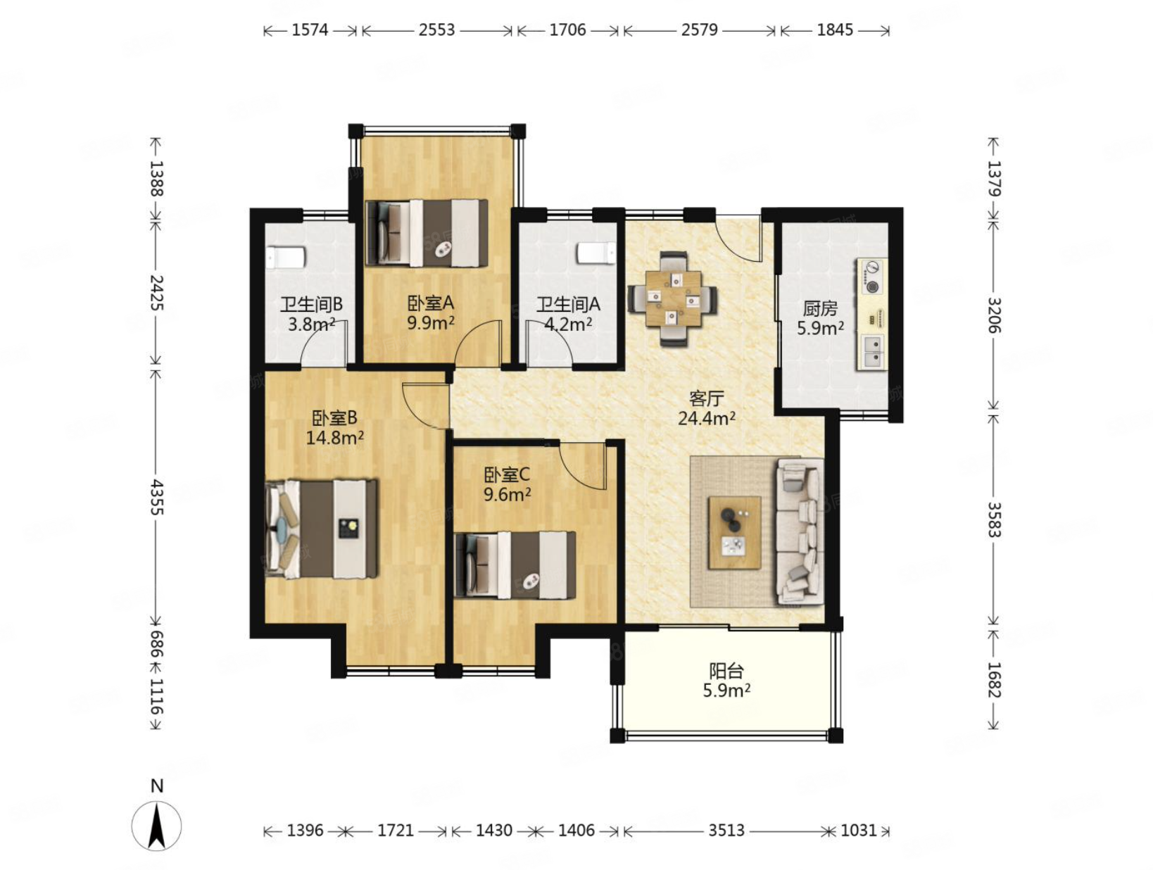 海赋尚城二期3室2厅2卫97.64㎡南330万
