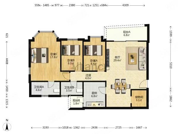 富庭华园3室2厅2卫100.7㎡北238万