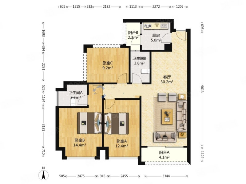 御城花园3室2厅2卫96.42㎡南185万