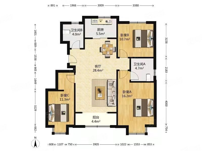 馨然嘉园三区(长阳国际城三区)3室1厅2卫119.48㎡南北470万