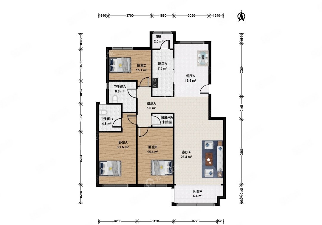 博雅西園3室2廳2衛(wèi)151.37㎡南1430萬