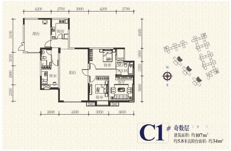 万科金域蓝湾4室2厅2卫107㎡东350万