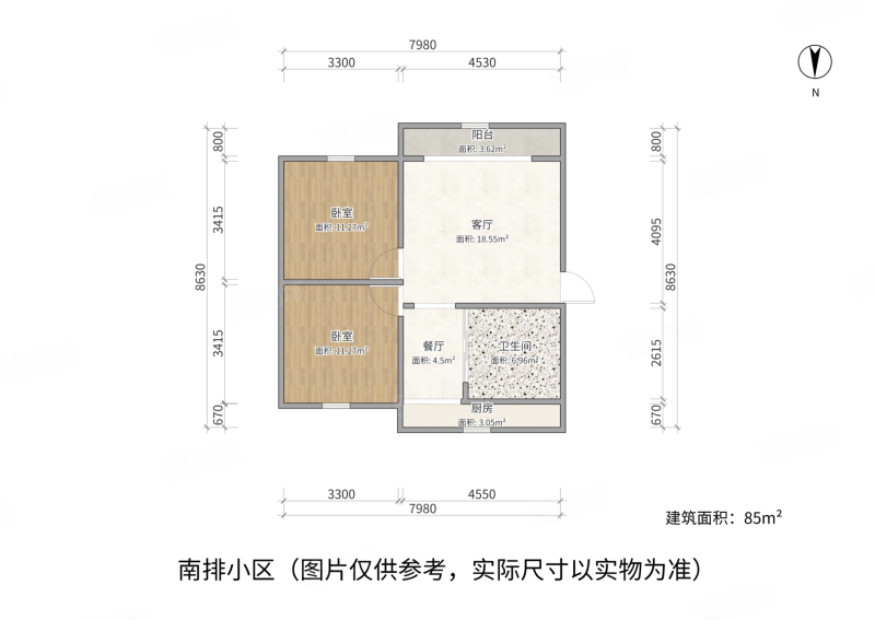 南排小区2室2厅1卫85㎡南北54万