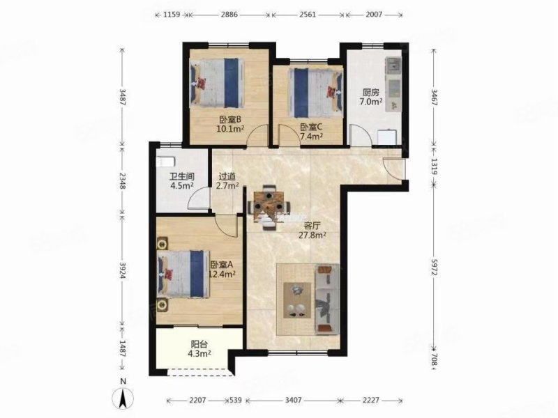 滨江桂园3室2厅1卫110㎡南北130万