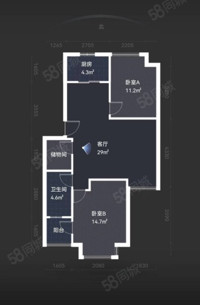 荣盛沂河郡府2室2厅1卫84.57㎡南北57万