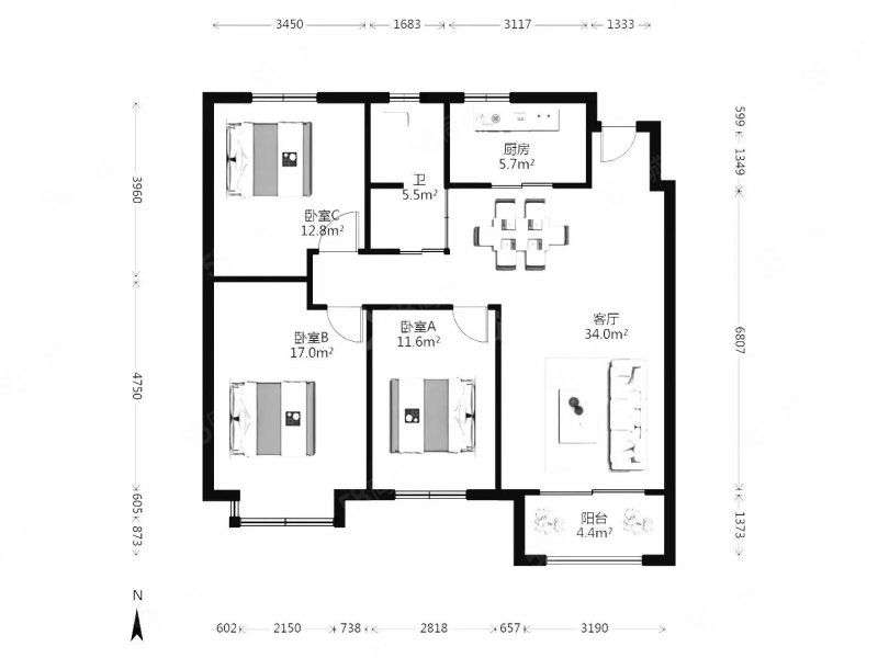 舒格兰(二期)3室2厅1卫112.65㎡南北116万