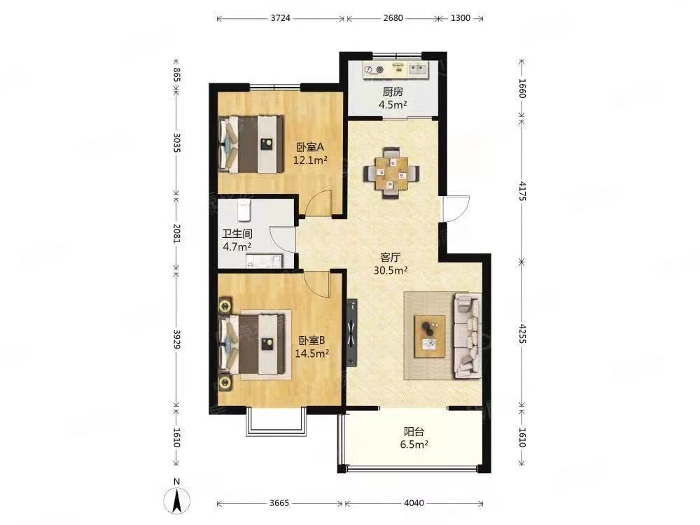 长庆湖滨花园(一区)2室2厅1卫83㎡南北85万