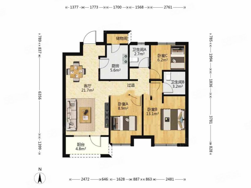 富力湾3室2厅1卫92㎡南北76万