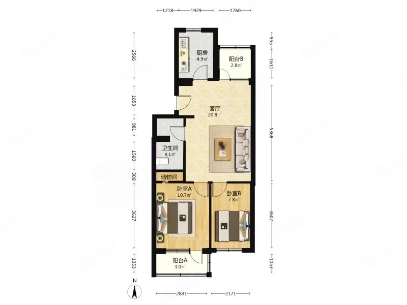 豐西北里甲7號院2室1廳1衛(wèi)71.28㎡南北172萬