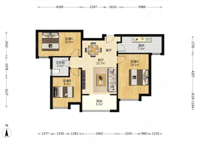 自然界云栖3室2厅1卫96.39㎡南159万