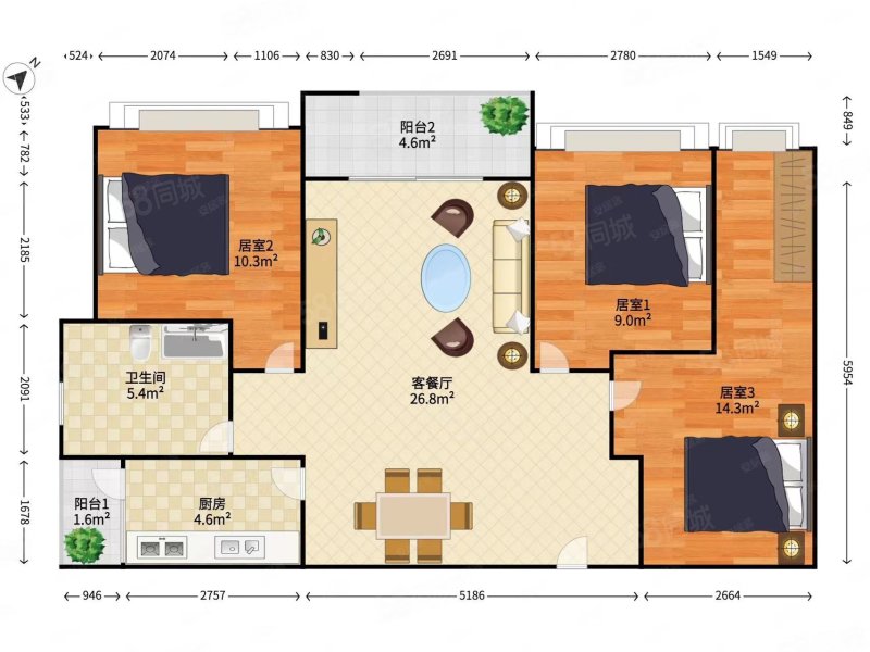 求富路花园3室2厅2卫92.4㎡南北45万