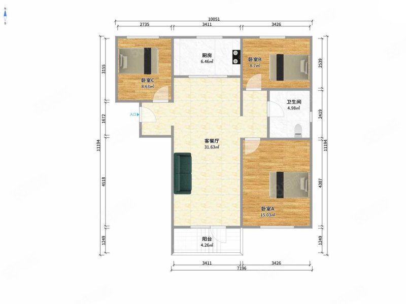 万科溪之谷3室2厅1卫93.24㎡南北105万