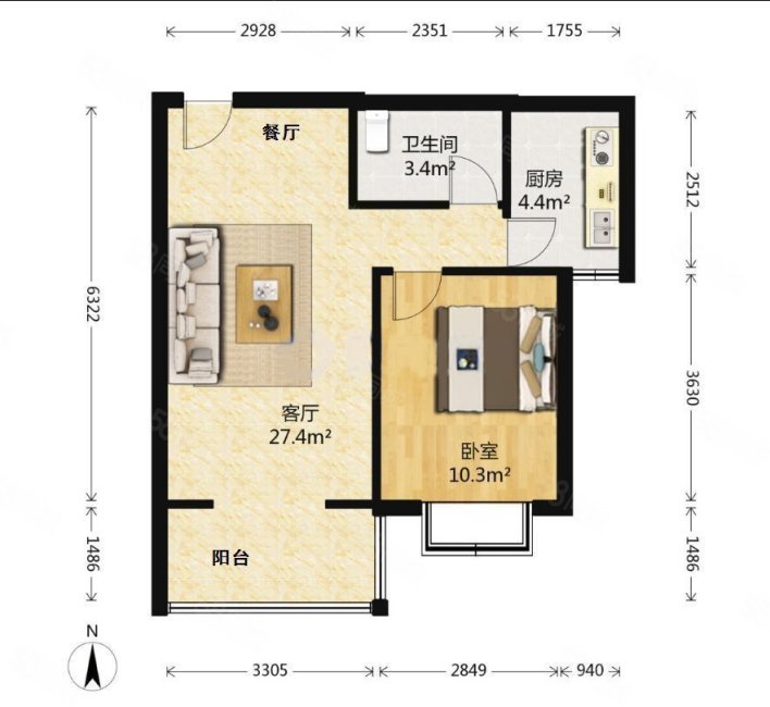 玉龙小区1室2厅1卫64㎡南北77万