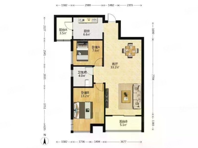 光谷新世界2室2厅1卫92.8㎡南北217万