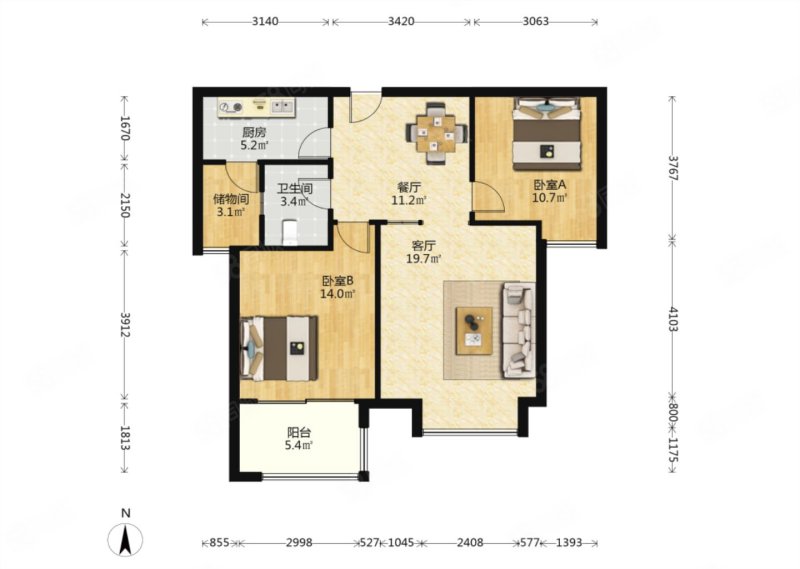 中海观园B区2室2厅1卫90.11㎡南176万