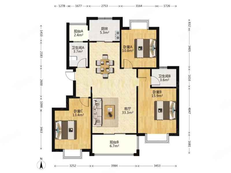 三迪世纪新城丽舍3室2厅2卫124㎡南北89.9万