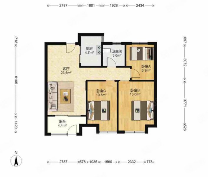 信达天御琅诗郡3室2厅1卫89.91㎡南北180万