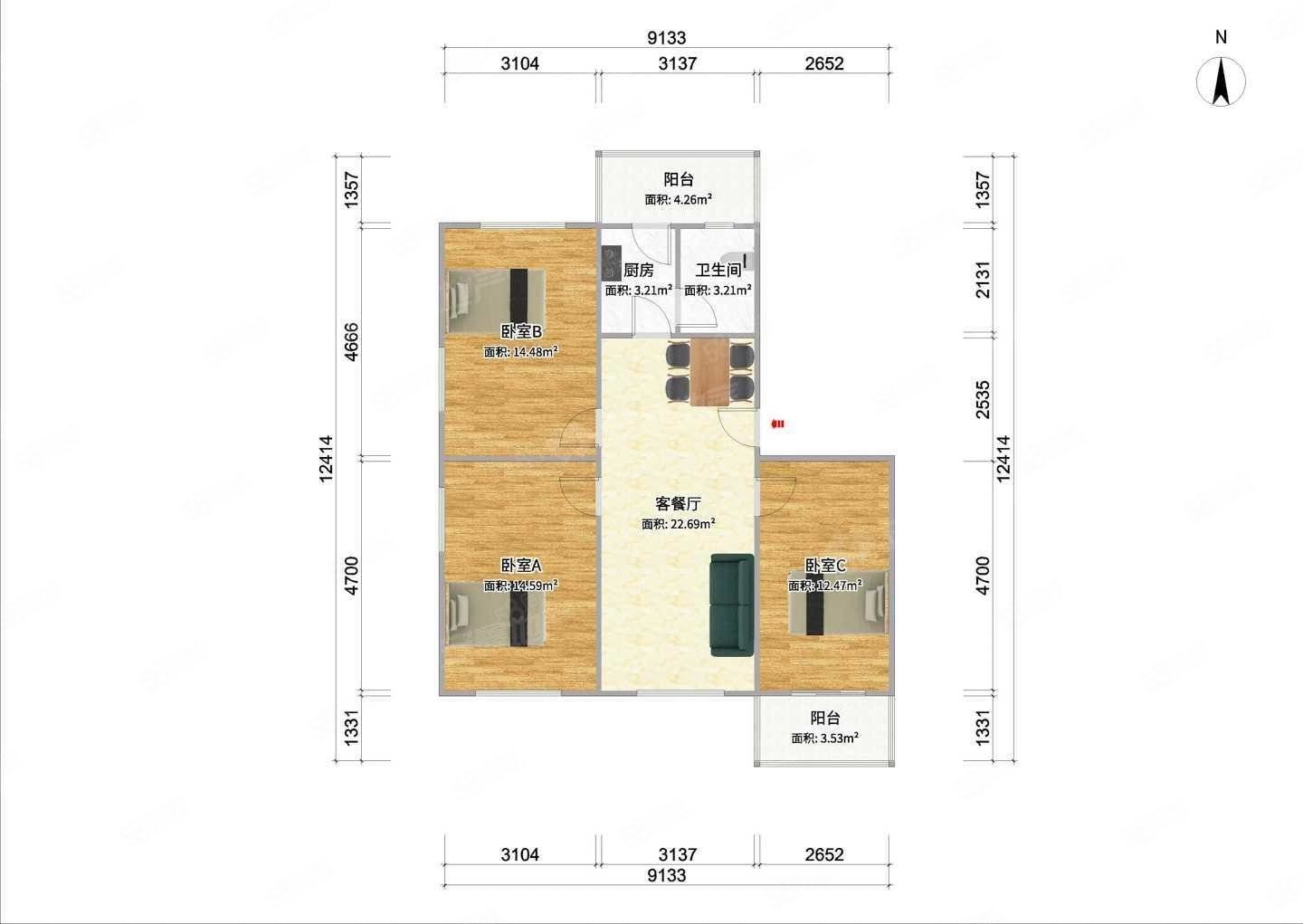 云山街小区3室1厅1卫97.57㎡南北259万