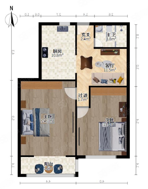 万荣小区2室1厅1卫66.64㎡南北390万