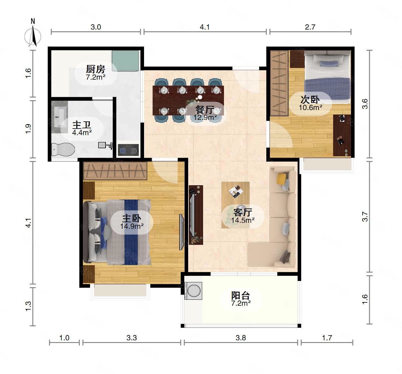 金涛御景花园2室2厅1卫82㎡南北58万