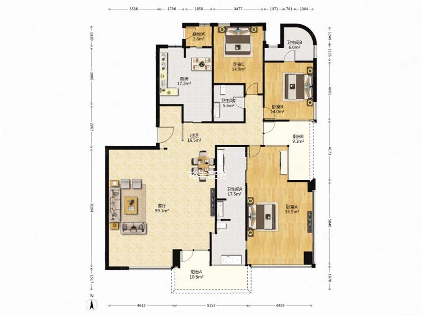 柏丽澜庭3室2厅3卫266.73㎡南1650万