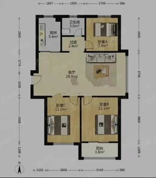 书香蔓城3室2厅1卫92.1㎡南北110万