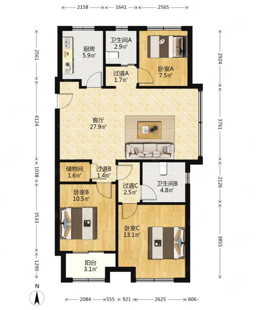 万科城蓝色东方3室2厅2卫106.69㎡南295万